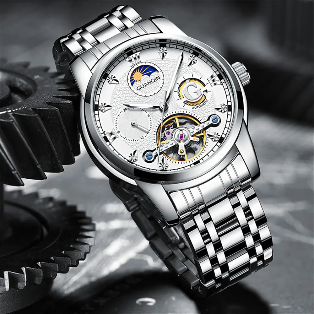 GUANQIN Mechanical Tourbillon Automatic Men Wrist Watch Waterproof Stainless Steel Man Wristwatch Sapphire Moon Phase Clock