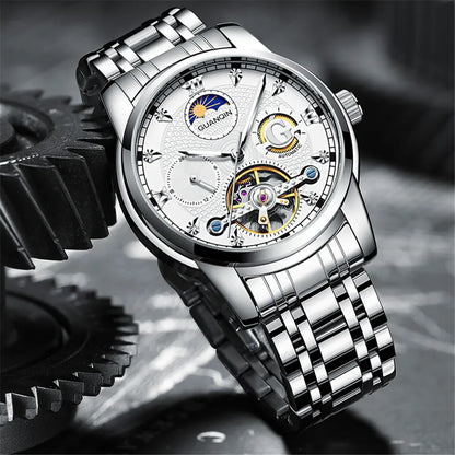 GUANQIN Mechanical Tourbillon Automatic Men Wrist Watch Waterproof Stainless Steel Man Wristwatch Sapphire Moon Phase Clock