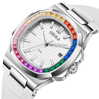 Reloj de cuarzo resistente al agua de cuero genuino ONOLA para hombre y mujer con diamantes coloridos a la moda, reloj para hombre