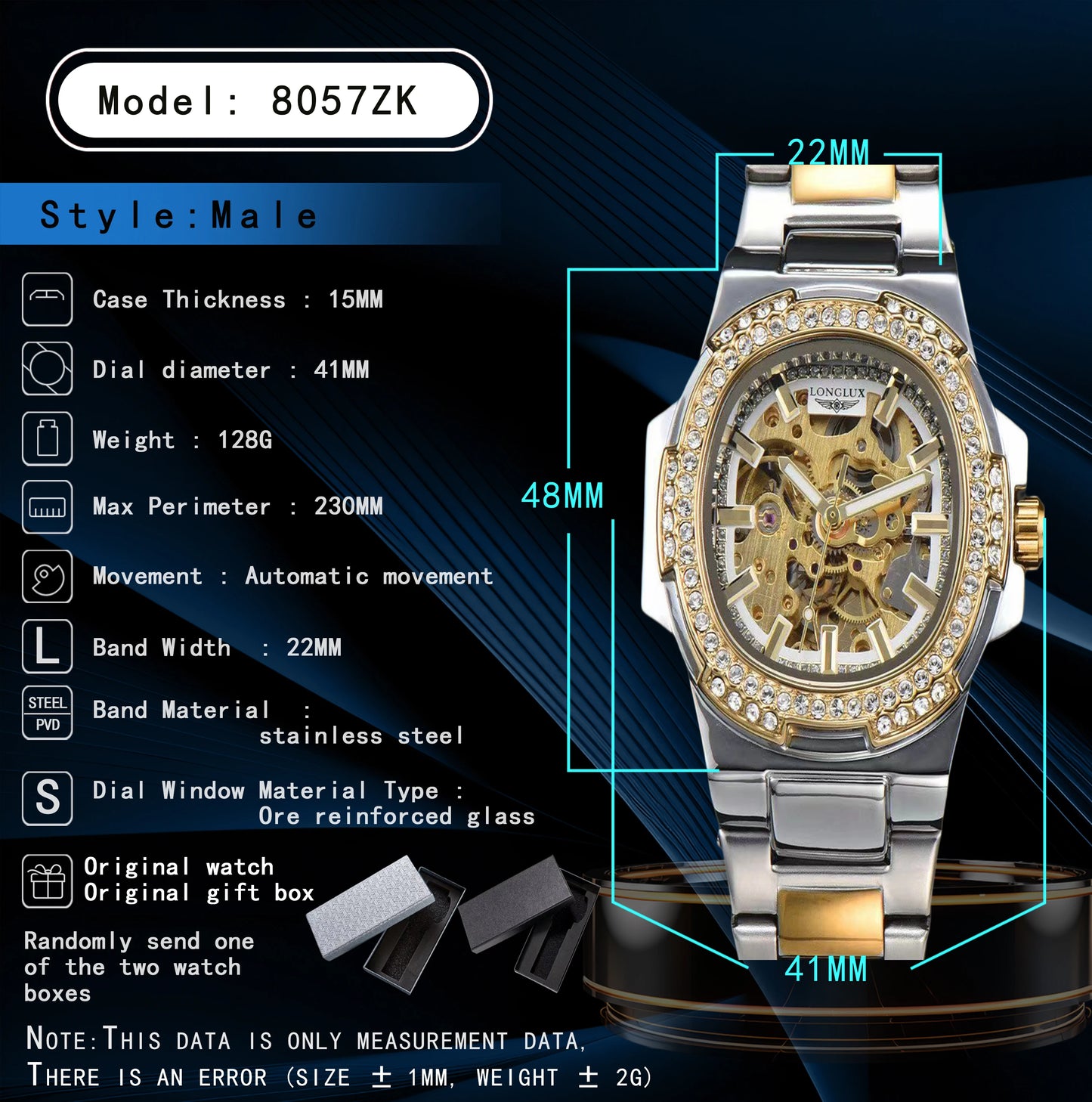 Reloj mecánico automático LONGLUX, reloj de diamantes, reloj de acero inoxidable dorado, reloj esqueleto automático, reloj de lujo masculino de alta gama