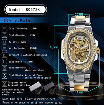 Reloj mecánico automático LONGLUX, reloj de diamantes, reloj de acero inoxidable dorado, reloj esqueleto automático, reloj de lujo masculino de alta gama