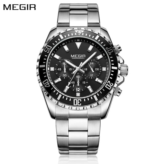 Relojes MEGIR de lujo para hombre, cronógrafo deportivo de cuarzo, pulsera de acero inoxidable, Esfera Grande, reloj de negocios resistente al agua con fecha luminosa