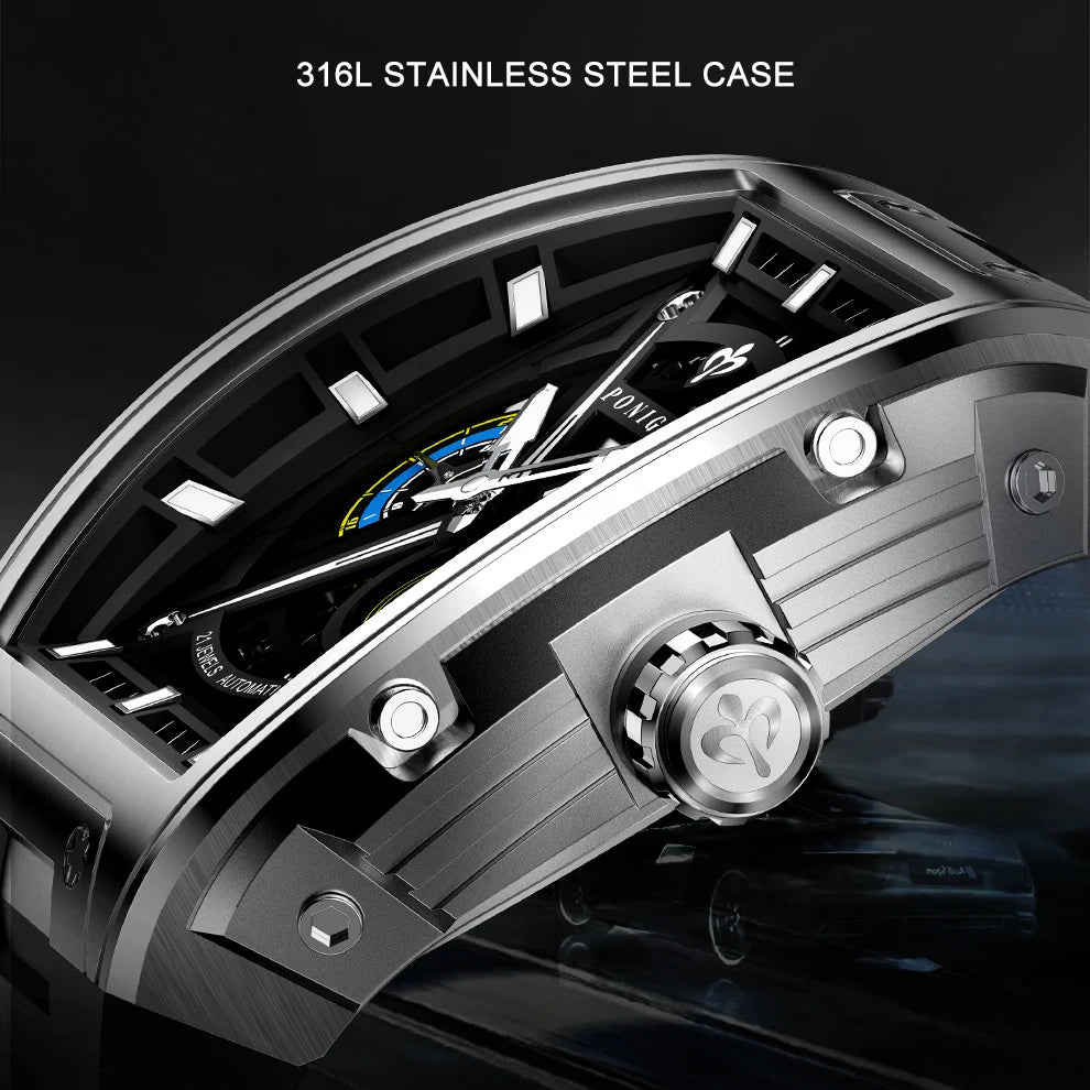 PONIGER Men Automatic Watch 46mm Luxury Tonneau Mechanical Wristwatch Sapphire Luminous Skeleton Dial Rubber Strap