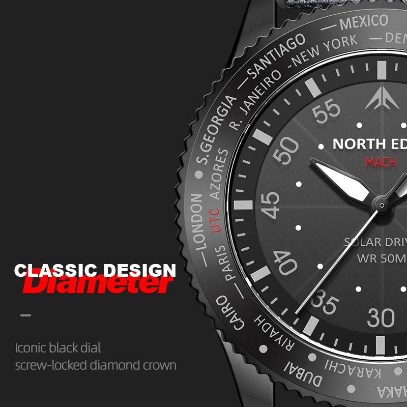 NORTH EDGE 2024 MACH Reloj de cuarzo con energía solar para hombre, resistente al agua hasta 50 M, relojes de pulsera deportivos para piloto, reloj luminoso ambientalmente