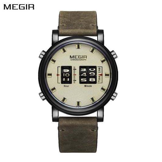 Relojes deportivos militares MEGIR a la moda para hombres, relojes de pulsera de cuarzo con correa de cuero, reloj de Esfera Grande informal resistente al agua