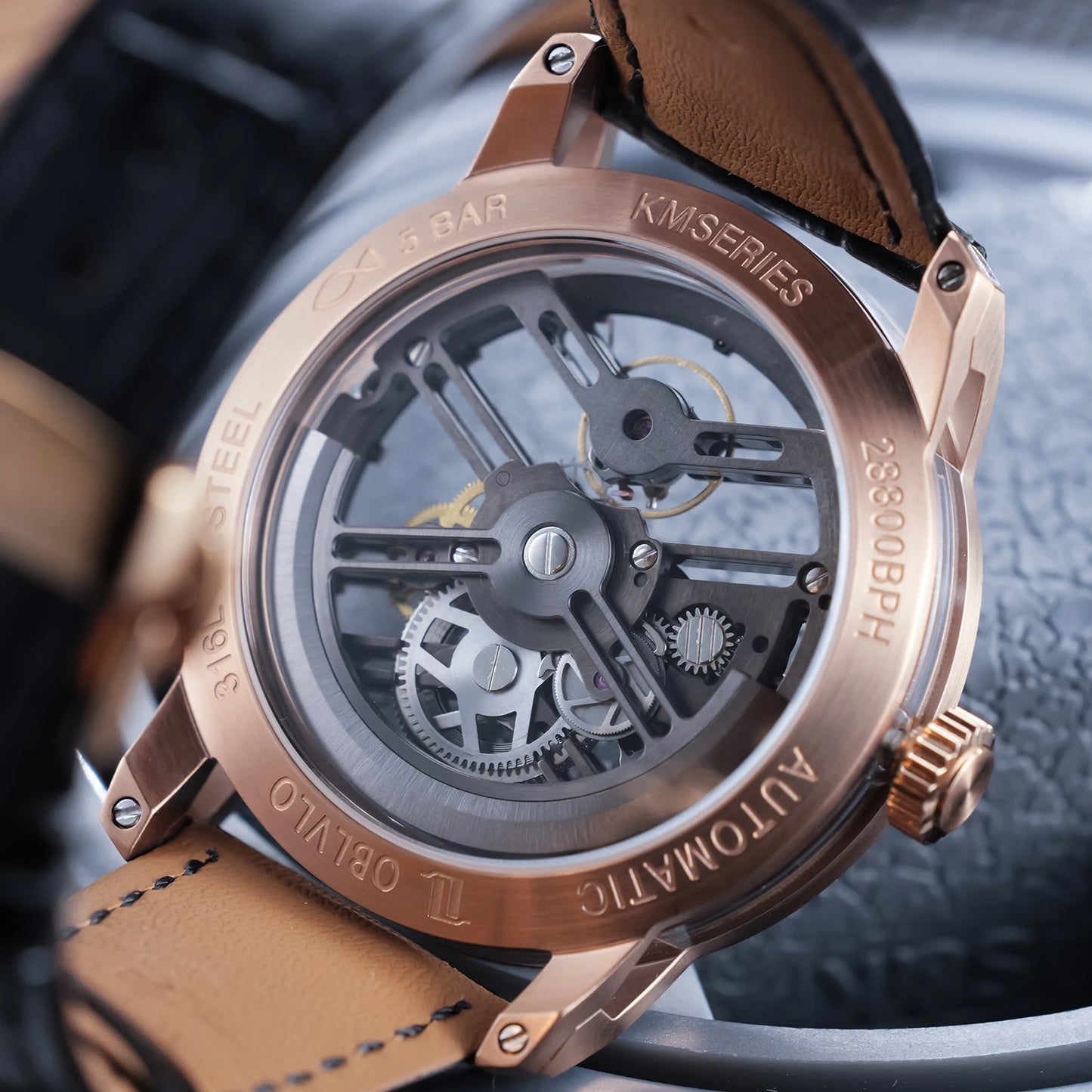 OBLVLO Top Brand Skeleton Mechanical Men Watches Rose Gold Blue Leather Transparent Hollow Automatic Watch Orologio da Uomo KM-S