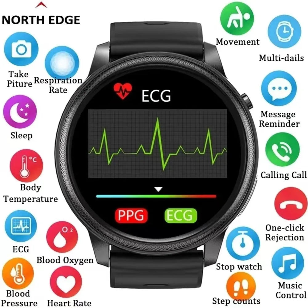 NORTH EDGE スマートウォッチ 男性用 ECG ウォッチ 睡眠 健康 血圧 酸素モニター スマートウォッチ シリコン製 メンズウォッチ 腕時計 男性