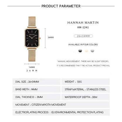 Relojes HANNAH MARTIN para Mujer, movimiento japonés nuevos, lujo, minimalista, resistente al agua, correa de malla de moda, Reloj para Mujer