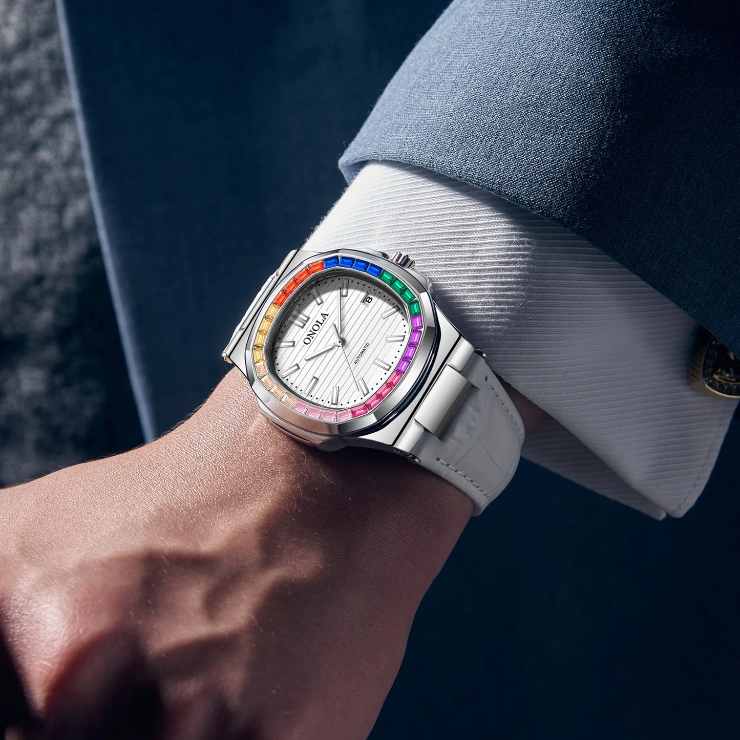 Relojes mecánicos completamente automáticos para hombres y mujeres con diamantes de colores a la moda, reloj de pulsera de cuero resistente al agua ONOLA, reloj para hombres