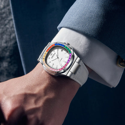 Relojes mecánicos completamente automáticos para hombres y mujeres con diamantes de colores a la moda, reloj de pulsera de cuero resistente al agua ONOLA, reloj para hombres