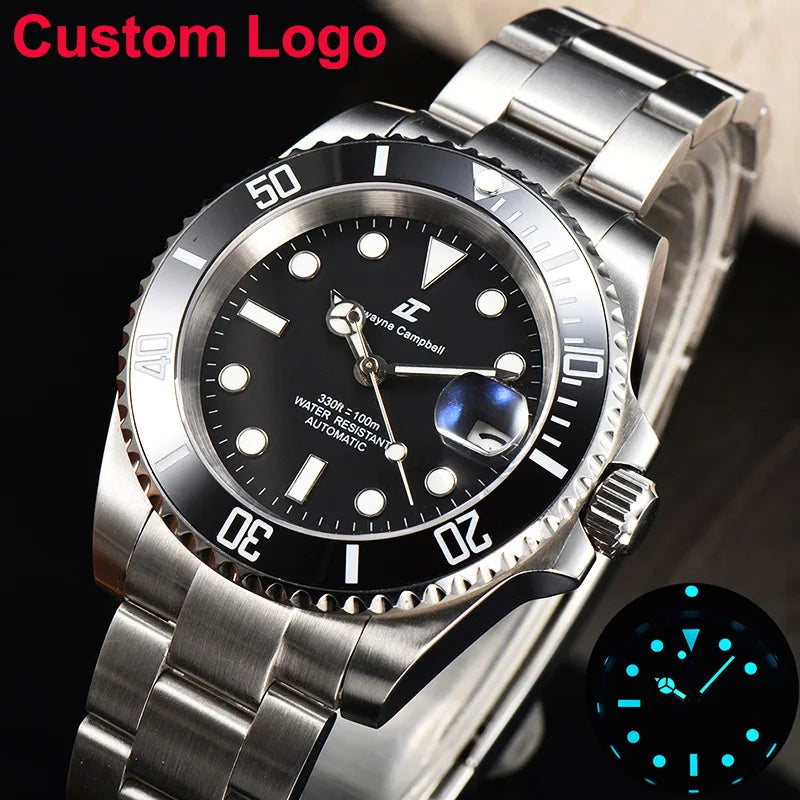 Reloj automático con logotipo S personalizado de 40mm para hombre, diseño Sub-Mariner, resistente al agua, movimiento NH35, reloj de pulsera luminoso de acero inoxidable BGW9