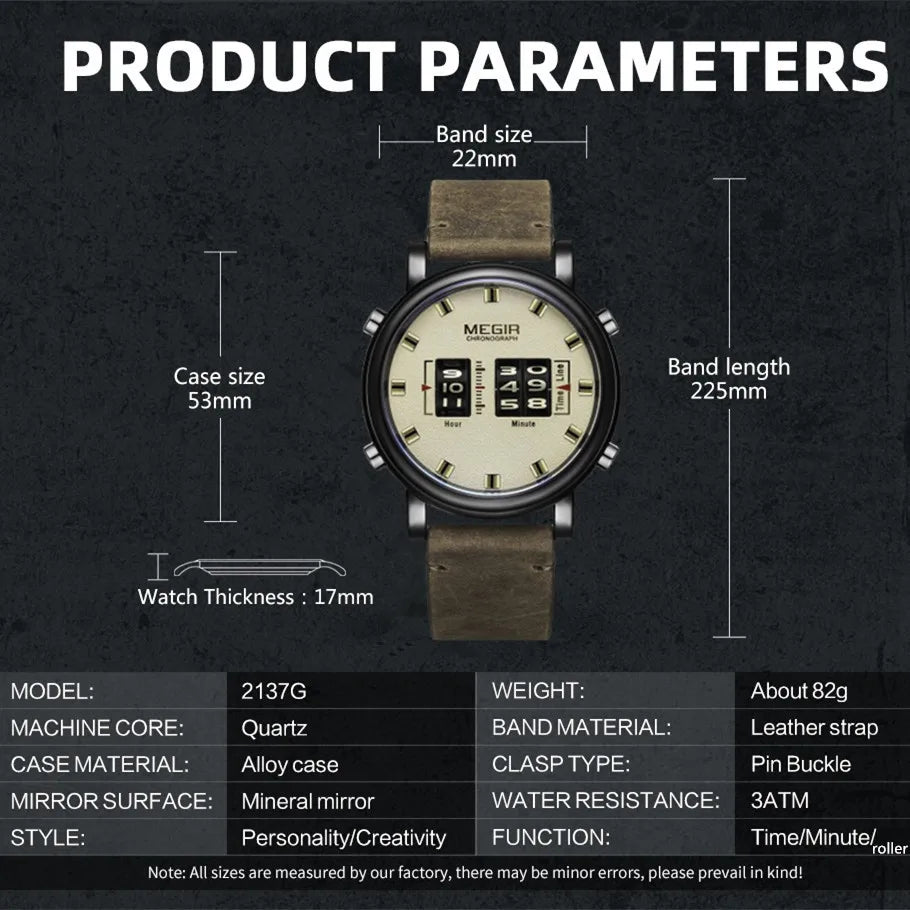 Relojes deportivos militares MEGIR a la moda para hombres, relojes de pulsera de cuarzo con correa de cuero, reloj de Esfera Grande informal resistente al agua