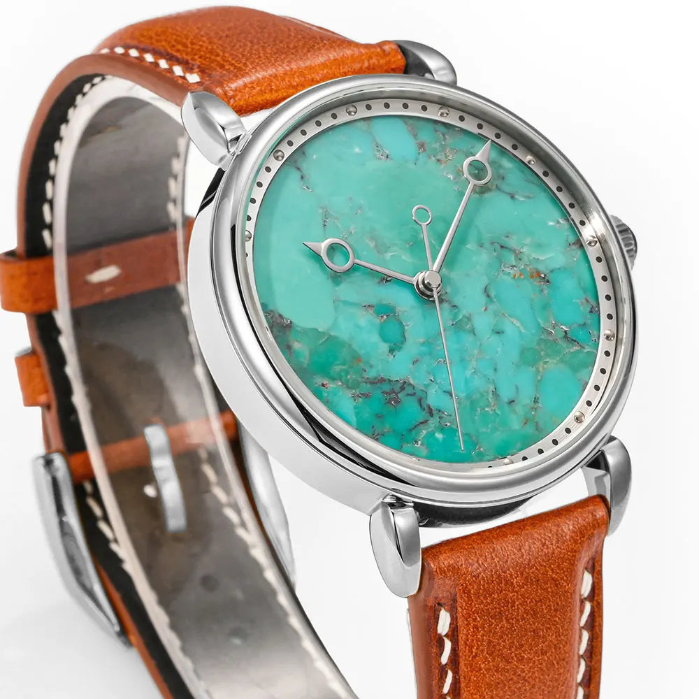 HUASUO Men's Luxury Automatic Wristwatch - Turquoise Dial, Leather Strap, Stainless Steel Case (Model S2488F)