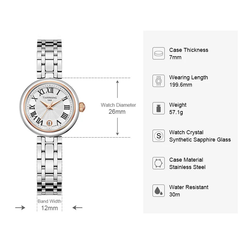 TIAN WANG Watch For Women Vintage Watches 26mm Dial Roman Numerals Retro Quartz Wristwatches ladies Wrist For Her/Birthday Gifts