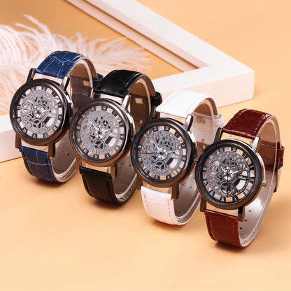 Reloj Hombre Fashion Imitation Mechanical Watches Men Skeleton Watches Leather Band Quartz Wristwatches Men Cheap Price