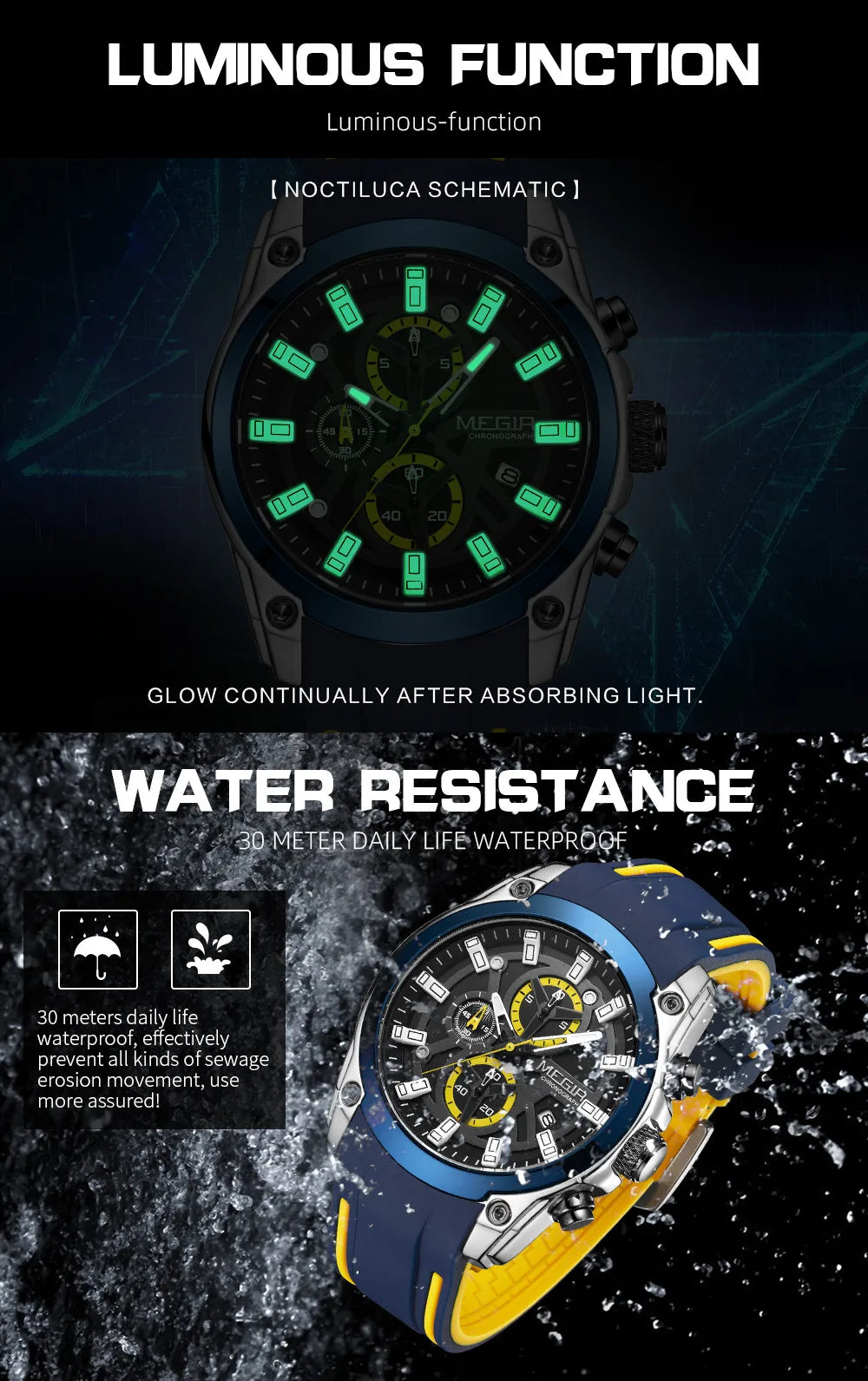 Relojes MEGIR para hombre, marca superior, reloj de pulsera deportivo militar de lujo, cronógrafo, fecha luminosa, reloj de cuarzo, correa de silicona, reloj masculino