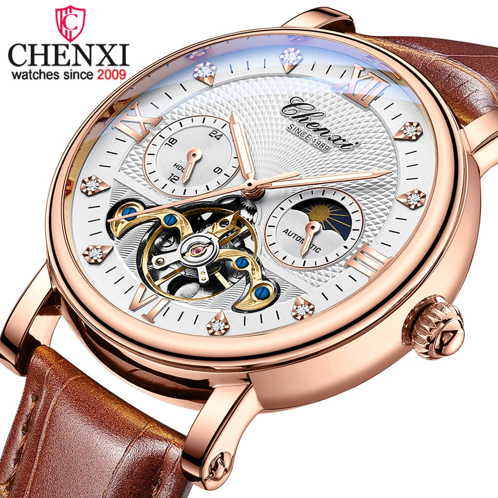 CHENXI Fashion Brand Waterproof Mens Watch Automatic Mechanical Top Luxury Sport Wristwatch Moon Phase Tourbillon Male Clock