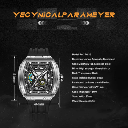 PONIGER Men Automatic Watch 46mm Luxury Tonneau Mechanical Wristwatch Sapphire Luminous Skeleton Dial Rubber Strap