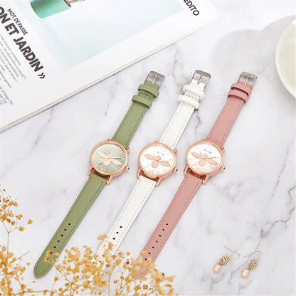 Fashion Casual Female Quartz Clock Simple Little Bee Design Women Watches Vintage Green Leather Ladies Luxury Wristwatches