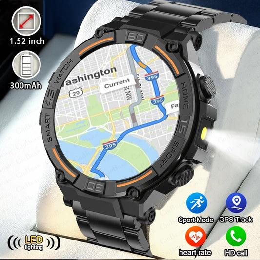 ミリタリーアウトドアスマートウォッチメンズGPSスポーツフィットネストラッカー防水ウォッチBluetooth通話LED懐中電灯付きスマートウォッチ2024