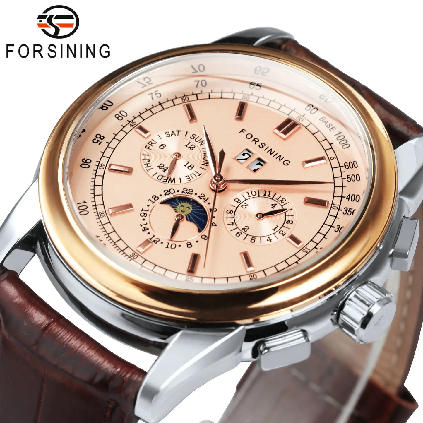 Relojes mecánicos retro Forsining con fase lunar y movimiento de Shanghái, caja de oro rosa, correa de cuero marrón, reloj automático de lujo para hombre