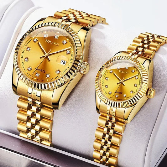 Relojes de cuarzo con calendario de acero inoxidable para mujer y hombre, reloj de pulsera dorado a la moda para tiempo libre, reloj