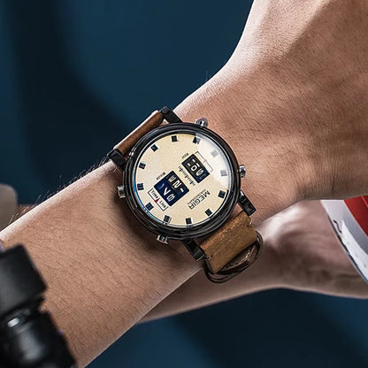 Relojes deportivos militares MEGIR a la moda para hombres, relojes de pulsera de cuarzo con correa de cuero, reloj de Esfera Grande informal resistente al agua