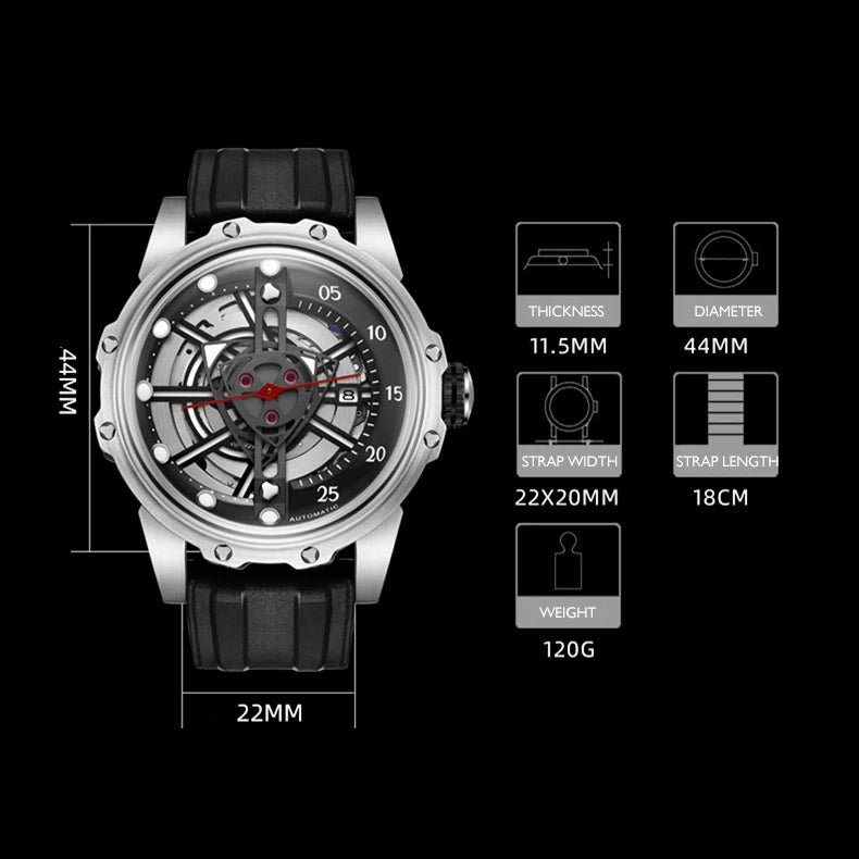 HANBORO Men Luxury Watch 44mm Automatic Watches Mechanical Wristwatch 100m Waterproof Luminous  Skeleton Rubber Strap 8215