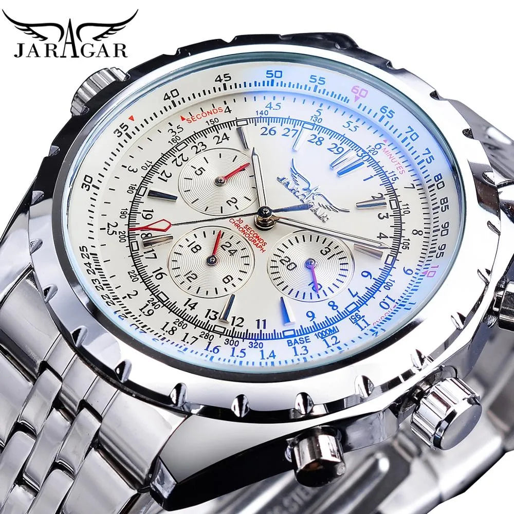 Jaragar Blue Glass Design Black Silver Automatic Watch Stainless Steel Date Clock Luminous Men Business Mechanical Wristwatch