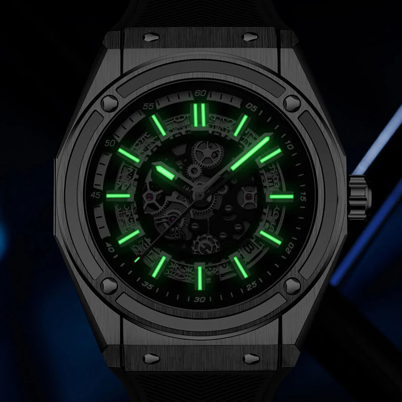 HANBORO Men Luxury Watch 42mm Automatic Watches Mechanical Wristwatch 50m Waterproof Luminous Skeleton Rubber Strap Miyota 8215