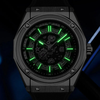 HANBORO Men Luxury Watch 42mm Automatic Watches Mechanical Wristwatch 50m Waterproof Luminous Skeleton Rubber Strap Miyota 8215