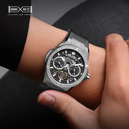 BEXEI 9129 relojes para hombre, relojes mecánicos con movimiento automático, 60 incrustaciones de circonio, espejo de zafiro sintético luminoso, resistente al agua