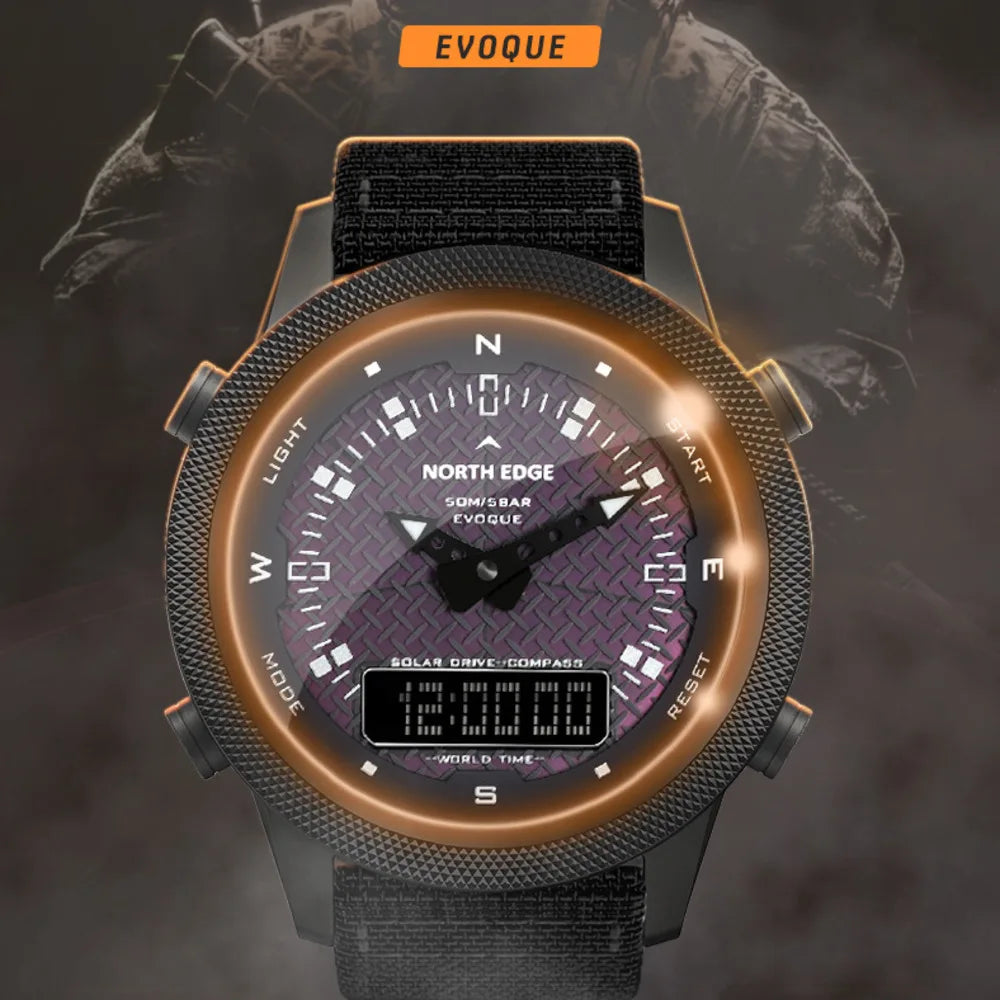 Relojes NORTH EDGE para Hombre, Reloj Solar con brújula, cronómetro, Reloj despertador resistente al agua hasta 50M, Reloj con correa de nailon para Hombre