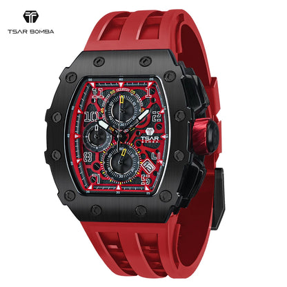 Relojes TSAR BOMBA Tonneau para hombre, reloj de pulsera rojo con cristal de zafiro, cronógrafo resistente al agua, reloj con fecha, regalo de Navidad de lujo para hombres