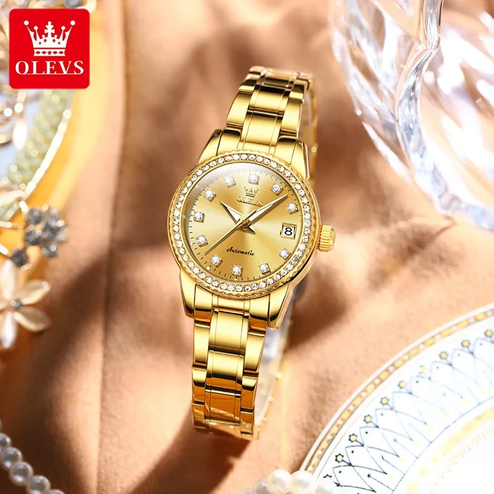 OLEVS Automatic Mechanical Watch for Women Diamond Calendar Dial Stainless Steel Waterproof Luminous Elegant Women's Wristwatch