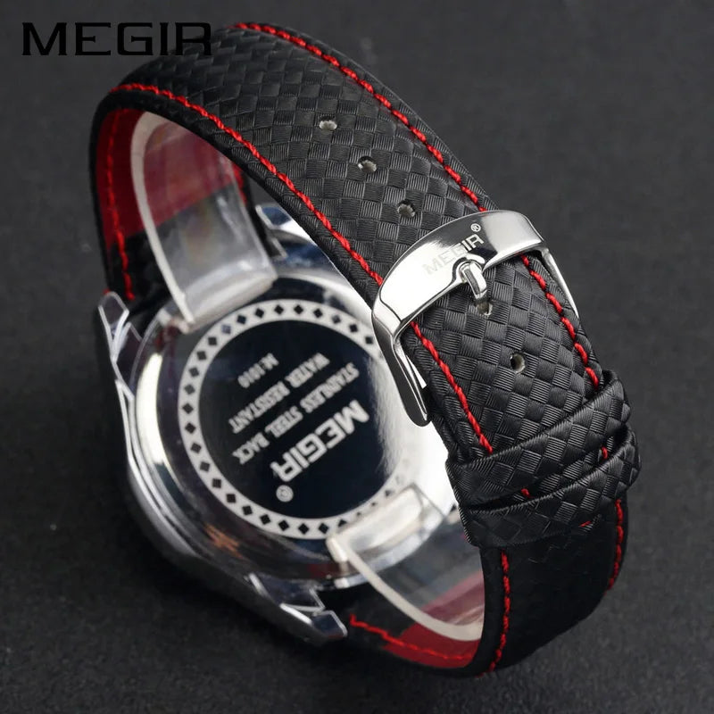 Relojes Megir deportivos para hombre de la mejor marca, reloj de cuarzo de lujo para hombre, reloj informal de moda con correa de Pu negra, esfera grande Erkek Saat 1010