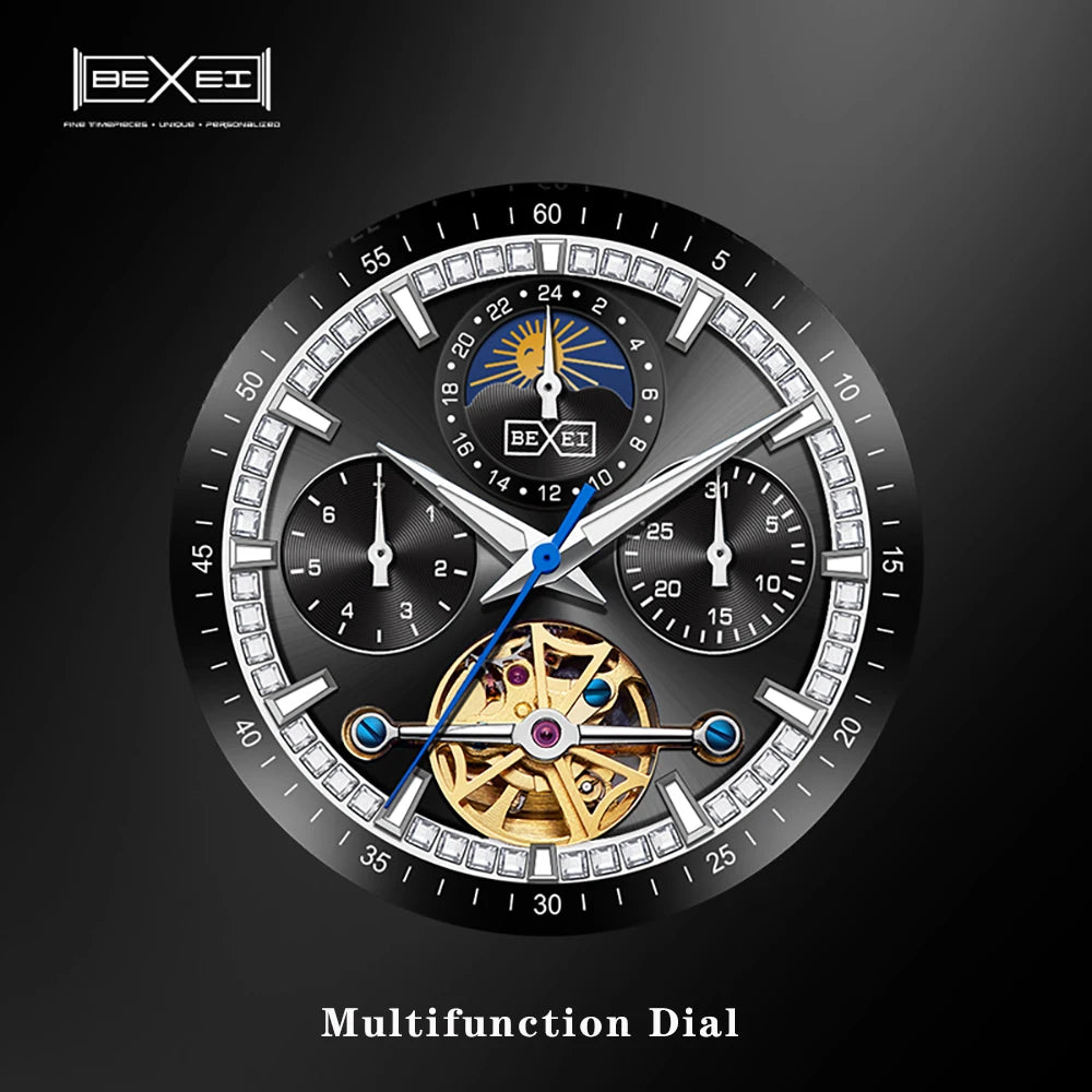 BEXEI 9133 Bermuda series mechanical watch for men tungsten steel inset white diamond fashion sapphire luminous business watch