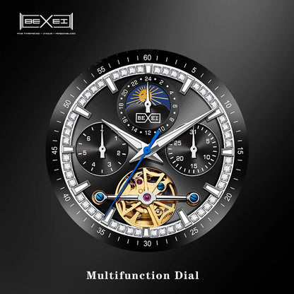 BEXEI 9133 Bermuda series mechanical watch for men tungsten steel inset white diamond fashion sapphire luminous business watch