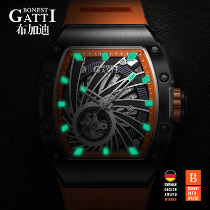 BONEST GATTI Men Automatic Watch Luxury Watches Fashion Tonneau Mechanical Wristwatch Waterproof Sapphire Luminous Punk Rubber