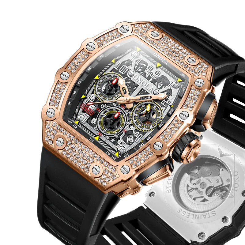 Reloj de hombre con incrustaciones de diamantes de diseño único de moda ONOLA, relojes de cinta impermeables mecánicos completamente automáticos de lujo, reloj para hombre