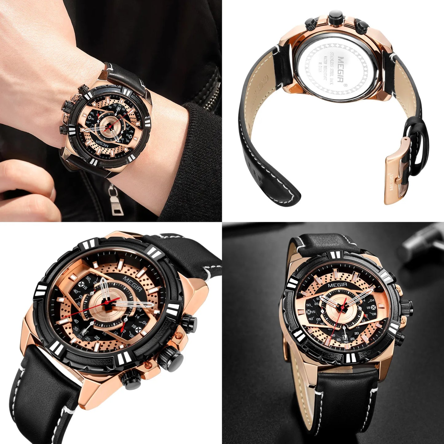 Reloj MEGIR de lujo para hombre, correa de cuero, relojes de cuarzo de negocios, reloj de pulsera deportivo luminoso a la moda para hombre, relojes Masculino