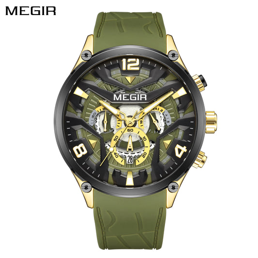 Reloj MEGIR verde Vintage para hombre, cronógrafo de lujo de marca superior, banda de silicona, reloj de pulsera deportivo luminoso resistente al agua de cuarzo, reloj con fecha