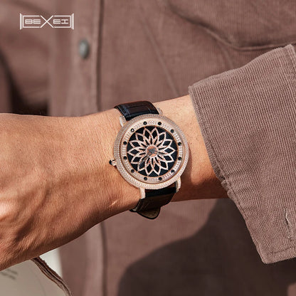 BEXEI 8801watch for men Lotus shape Swiss EAT763 Quartz movement  synthetic sapphire case features a rotating dial Rose gold