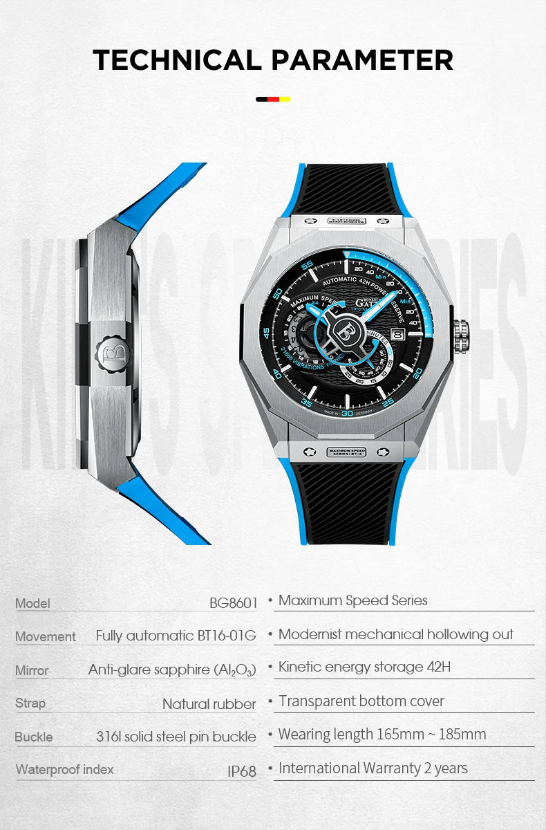 BONEST GATTI Men Automatic Watch Luxury Watches Military Mechanical Wristwatch Waterproof Sapphire Luminous Leather Reloj Hombre