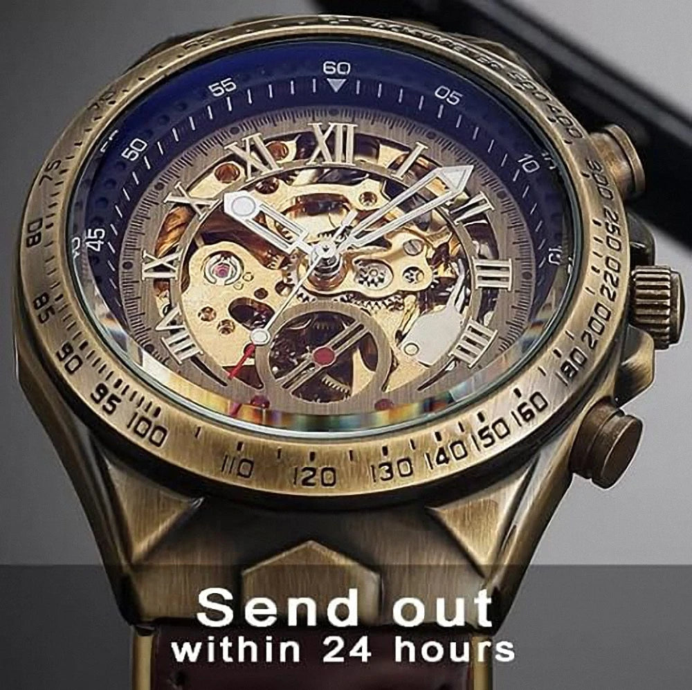 Bronze Retro Skeleton Automatic Mechanical Watch for Men Luminous Hand Brown Genuine Leather Belt Luxury Brand Steampunk Watches