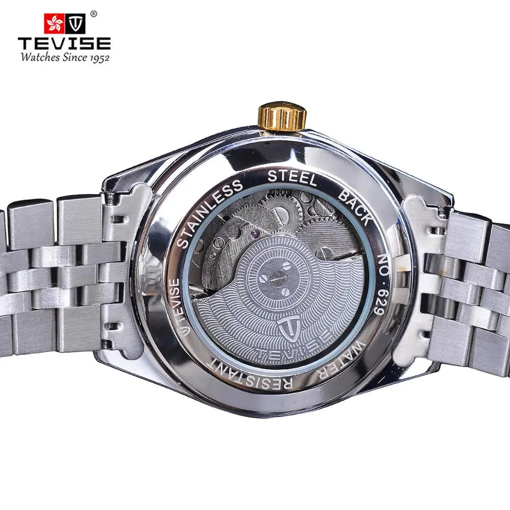 TEVISE Luxury Brand Diamond Gold Black Fashion Watch Stainless Steel Automatic Mechanical Clock Calendar Unique Gift For Men