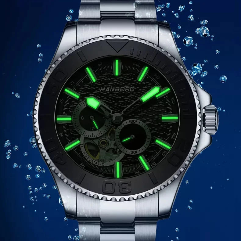 HANBORO Men Luxury Watch 43mm Automatic Watches Mechanical Wristwatch Sport 50m Waterproof Luminous Skeleton Ceramic Bezel 82S7