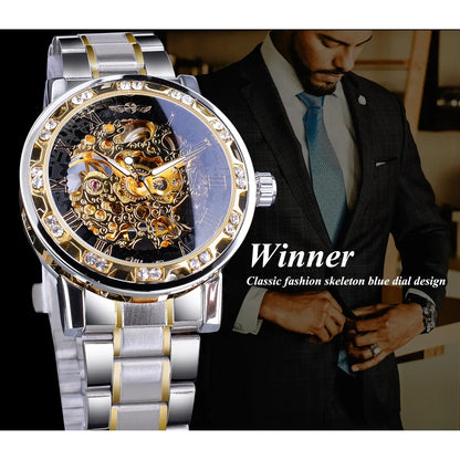 Winner-Reloj de pulsera transparente para hombre, pulsera con mecanismo luminoso de diamante, diseño real, marca superior de lujo, esqueleto mecánico