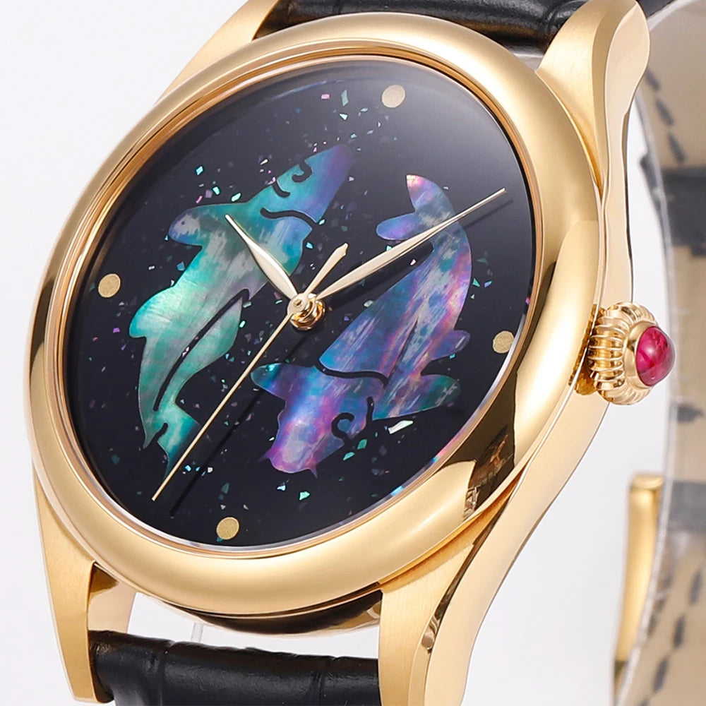 HUASUO Luxury 38mm Lacquer Mother-of-pearl Inlay Men's Watch Sapphire Crystal SW200 Automatic Movement Chinese Style Wristwatch