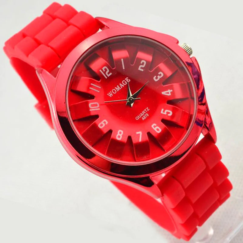 1 UNID WOMAGE 2014 NUEVO RELOJ ANALÓGICO DE CUARZO HORAS DIAL GOMA HOMBRES MUJERES UNISEX RELOJ DE MUÑECA ROJO ENVÍO GRATIS